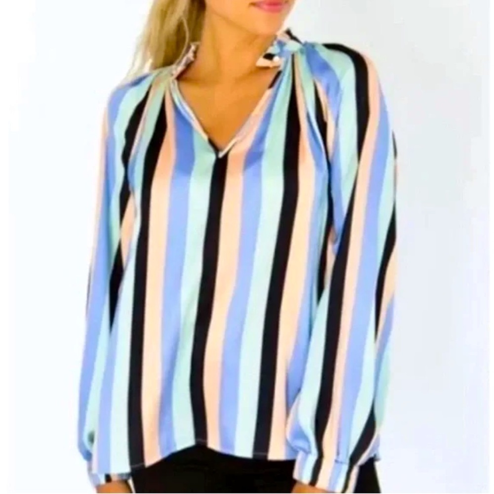 Crosby by Mollie Burch Long Sleeve Striped Blouse Top Sz Medium Preppy Office